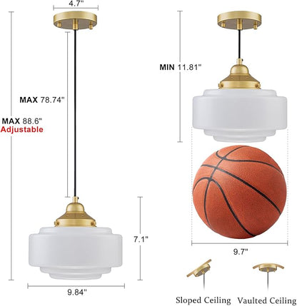 Milk Glass Pendant Light 9.84" Vintage Schoolhouse Chandelier Gold Mid Century Modern Pendant Lighting Fixture for Kitchen Island Dining Room Living Room Hallway, Adjustable Height (E26)