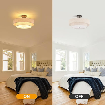 Modern Semi Flush Mount Ceiling Light 18" Modern 3-Lights Black Drum Ceiling Lighting Fixture with Linen Shade Vintage Ceiling Lamp for Kitchen, Basement, Laundry Room, Bedroom