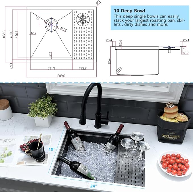 24 Inch Black Undermount Kitchen Sink with Glass Rinser-VASOYO 24x19 Black Kitchen Sink Undermount Workstation Wet Bar Sinks 16 Gauge Deep Single Bowl with Cup Washer