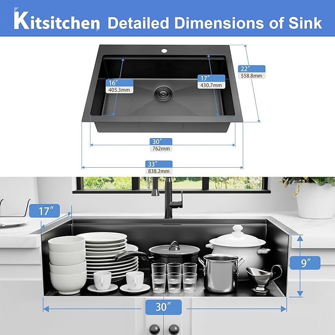 Kitsitchen Black Drop In Kitchen Sink 33x22, 16 Gauge T-304S Stainless Steel Top-Mount Workstaion Sink, 33" x 22" x " Large and Deep Single Bowl Kitchen Sinks with Practical Accessories
