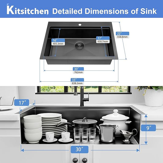 Kitsitchen Black Drop In Kitchen Sink 33x22, 16 Gauge T-304S Stainless Steel Top-Mount Workstaion Sink, 33" x 22" x " Large and Deep Single Bowl Kitchen Sinks with Practical Accessories