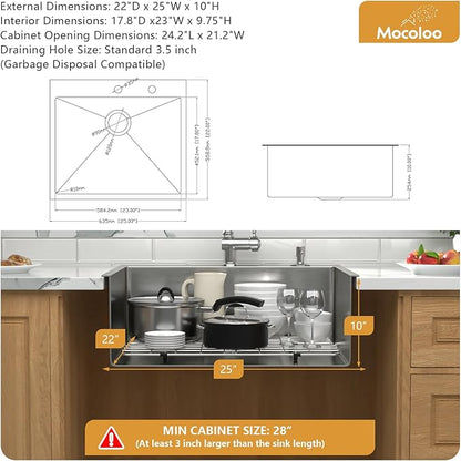 Mocoloo 25 Inch Drop In Kitchen Sink - 25 x 22 Stainless Steel Kitchen Sinks Topmount 16 Gauge Single Bowl Above Counter Handmade Sink, 10'' Deep Basin