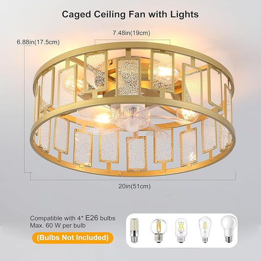 Garwarm 20IN Caged Ceiling Fan with Light,Flush Mount Ceiling Fans with Lights and Remote,Bladeless Fandelier Low Profile Ceiling Fan Light Fixture for Bedroom,Kitchen,Dining Room, Gold
