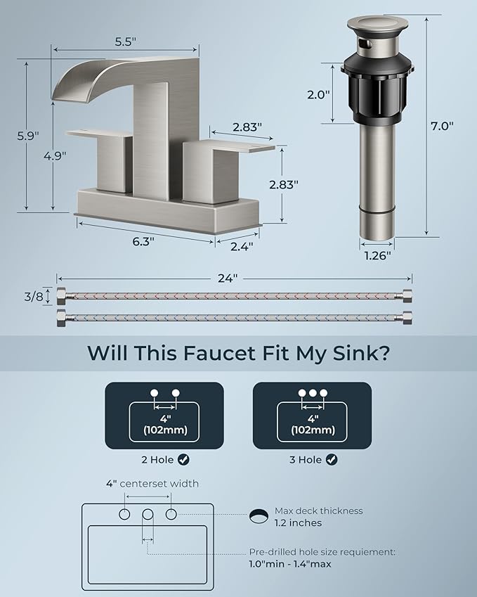 FORIOUS Brushed Nickel Bathroom Faucets for 2 Hole or 3 Hole, Waterfall 4 Inch Centerset Bathroom Sink Faucet with Metal Pop-up Drain and Supply Lines, Two Handles for Vanity, Basin