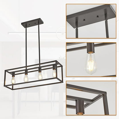 Farmhouse Rectangle Chandeliers for Dining Rooms, Modern Linear Hanging Light Fixture Matte Oil-Rubbed Bronze 4-Light Industrial Pendant Lighting for Kitchen Island