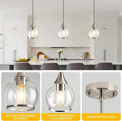 1-Piece Brushed Nickel Island Light for Kitchen, 1-Light Brushed Nickel Hanging Pendant Light with Clear Round Glass Shade for Dining Room,Bedroom