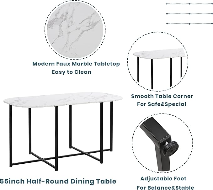 RuiSiSi 7 Piece Dining Table Set for 4, Metal Kitchen Table Set with Faux Marble Tabletop and 6 Dining Chairs for Kitchen, Dining Room, Small Space, Black+White