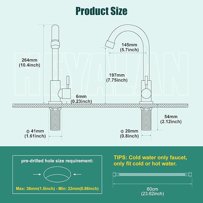 Heyalan Matte Black Cold Water Only Kitchen Faucet SUS304 Sink Faucets High Arc Gooseneck 360 Degree Rotation Spout Basin Tap with Longer Thread Pipe