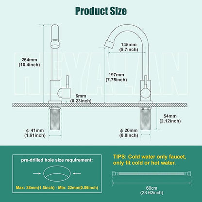 Heyalan Matte Black Cold Water Only Kitchen Faucet SUS304 Sink Faucets High Arc Gooseneck 360 Degree Rotation Spout Basin Tap with Longer Thread Pipe