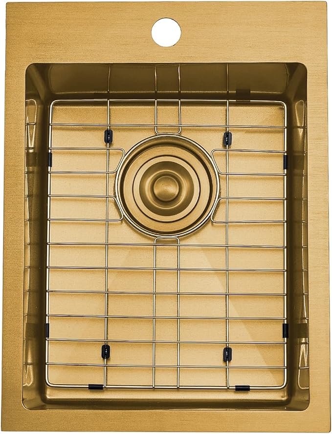 SHACO Gold 15 x 20 Inch Drop In Bar Sink, 16 Gauge Stainless Steel Topmount Small Kitchen Single Basin Sink for Wet Prep RV Laundry with Dish Grid & Drain, 15x20 Top Mount