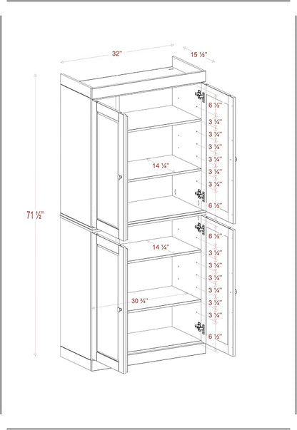 Palace Imports Solid Wood Kitchen Pantry Cabinet - 71.5" Tall x 32" Wide - Wooden Storage Cabinet with 4 Doors & Adjustable Shelves, Antique Blue, 100% Renewable Eco-Friendly Wood, Made in Brazil