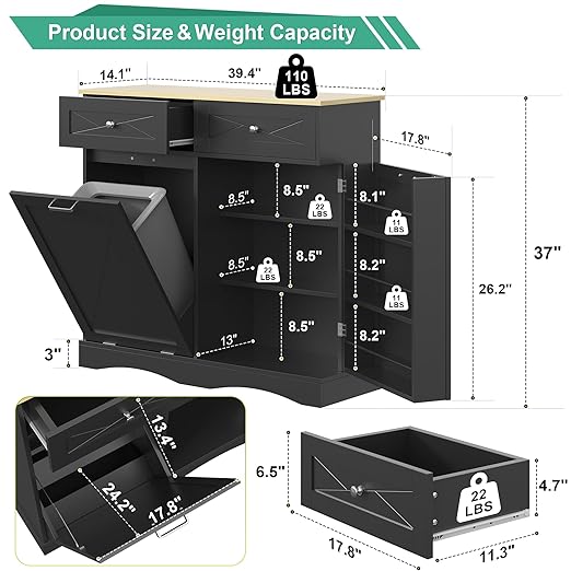 kepptory Tilt Out Trash Can Cabinet for 12 Gallon Trash Can, Modern Kitchen Island Cabinet with Adjustable Shelf and 2 Drawers for Hidden Laundry Basket, Dog Proof Garbage Can, Black