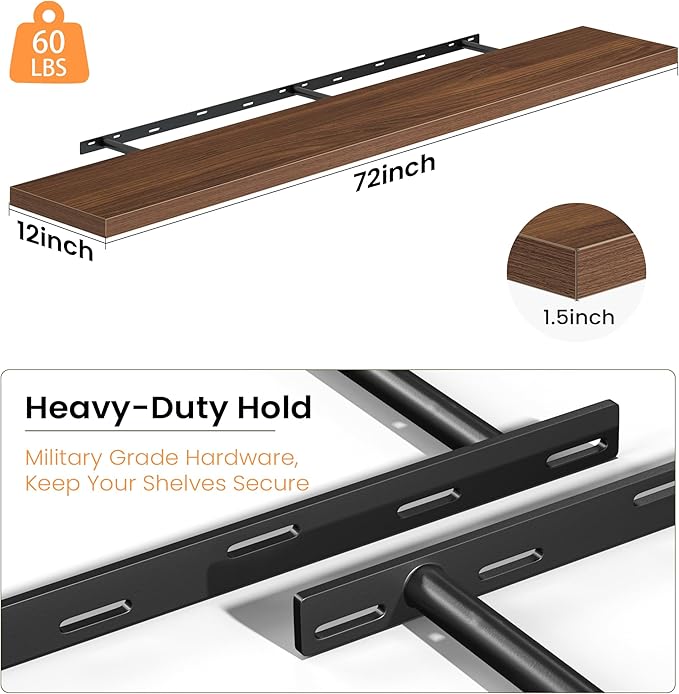 Fun Memories 72 Inch Floating Shelves, 12 Inch Deep Wall Shelf for Fireplace Mantel, Walnut Deep Storage Shelves for Home & Office, Long Floating Shelf with Invisible Bracket, Set of 1