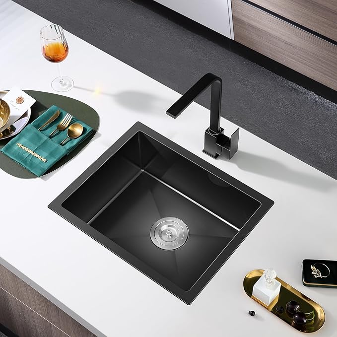 MENATT 20-Inch Undermount Kitchen Sink Black, 18 Gauge Handmade Stainless Steel Single Bowl Kitchen Sink Undermount (20x16x9 Inch)