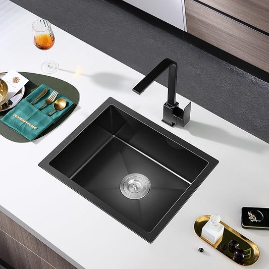 MENATT 20-Inch Undermount Kitchen Sink Black, 18 Gauge Handmade Stainless Steel Single Bowl Kitchen Sink Undermount (20x16x9 Inch)