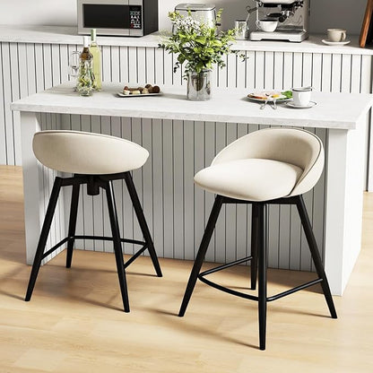 Giantex Swivel Bar Stools Set of 2, 25" Counter Height Bar Chairs with Footrest, Low Backs & Metal Frame, Upholstered Line Fabric Barstools for Kitchen Island, Cafe & Pub, Beige