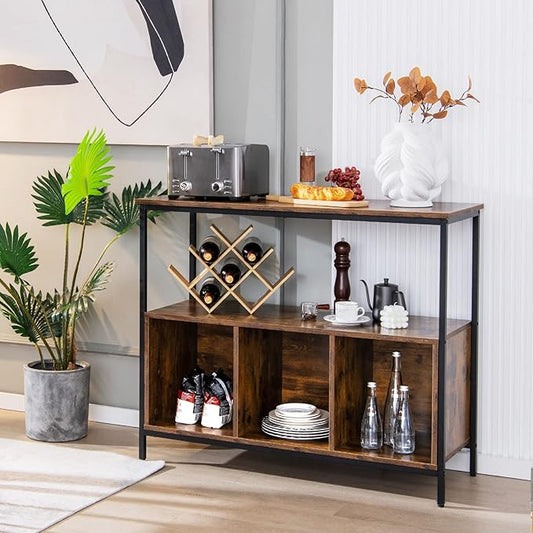 Giantex Buffet Sideboard, Wooden Cupboard, Kitchen Pantry w/Spacious Countertop, Large Open Shelf, 3 Cube Storage Cabinet, Sturdy Rustproof Steel Frame, Modern Stationary Island, Brown & Black