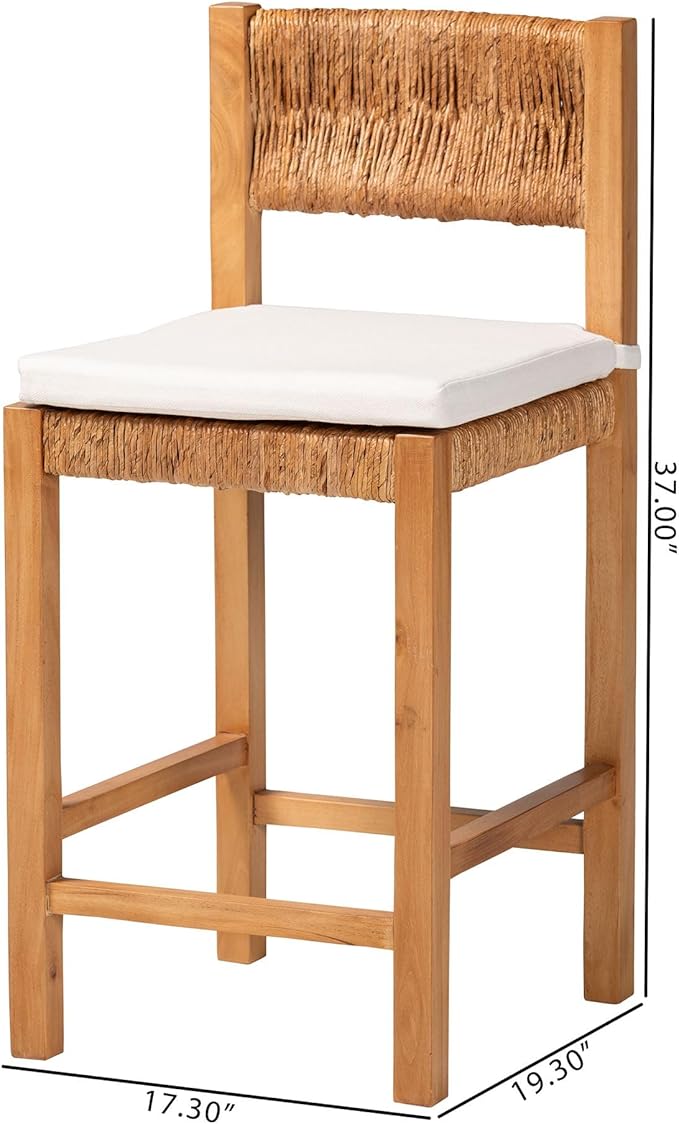 Bali & pari Pava Woven Seagrass Counter Stool - Solid Mahogany Wood Stool with Textured Back, Coastal Boho Seating for Kitchen Island, Counter Height