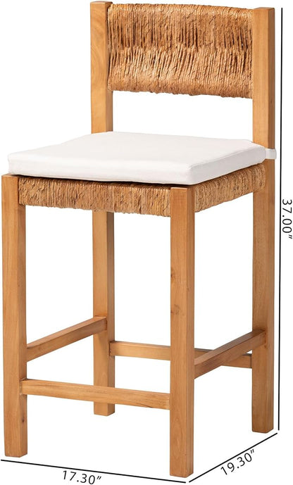 Bali & pari Pava Woven Seagrass Counter Stool - Solid Mahogany Wood Stool with Textured Back, Coastal Boho Seating for Kitchen Island, Counter Height