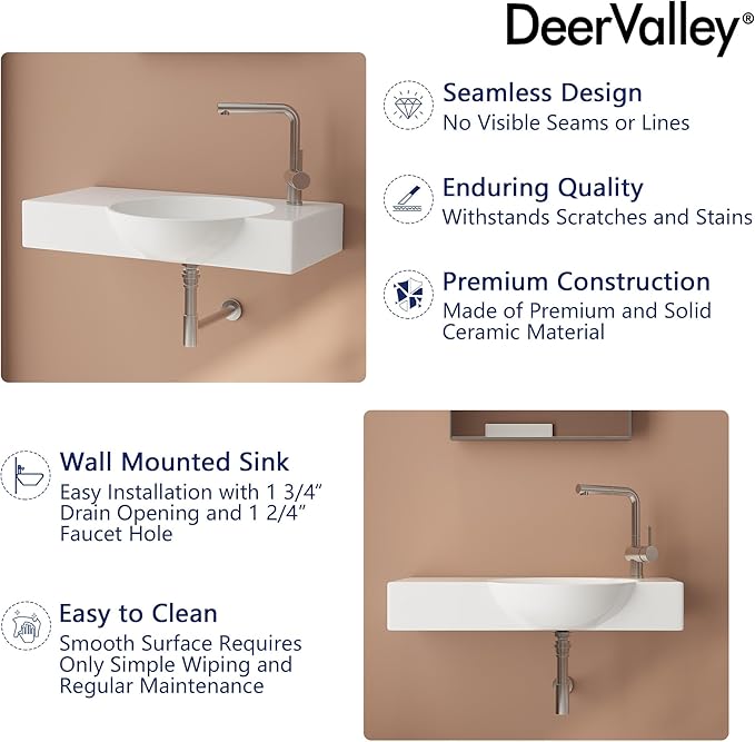 DeerValley 30"x18" Wall Mounted Bathroom Vessel Sink, White Modern Modern Floating or Countertop bathroom sink，Lavatory Vessel Sink，Porcelain Ceramic Right Side Wall Hung Sink