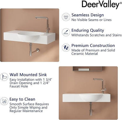 DeerValley 30"x18" Wall Mounted Bathroom Vessel Sink, White Modern Modern Floating or Countertop bathroom sink，Lavatory Vessel Sink，Porcelain Ceramic Right Side Wall Hung Sink