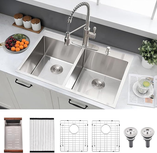 33x22 Double Bowl Drop In Kitchen Sink - 16 Gauge Stainless Steel Top Mount Drop In Sink, 50/50 Split, Durable for Home Kitchen