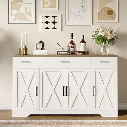 Modern Buffet Sideboard Kitchen Storage Cabinet With 3 Drawers, 55" Large Farmhouse Buffet Cabinet With Shelves and Doors, Wood Coffee Bar for Living Room Dining Room Hallway (White Wood Color)