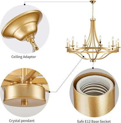 WUZUPS 12-Light Wagon Wheel Metal Candle Chandelier Round Pendant Ceiling Lighting Rustic Farmhouse Fixture Kitchen Island Dining Room, H 39.4" W10, E12 Base, Gold