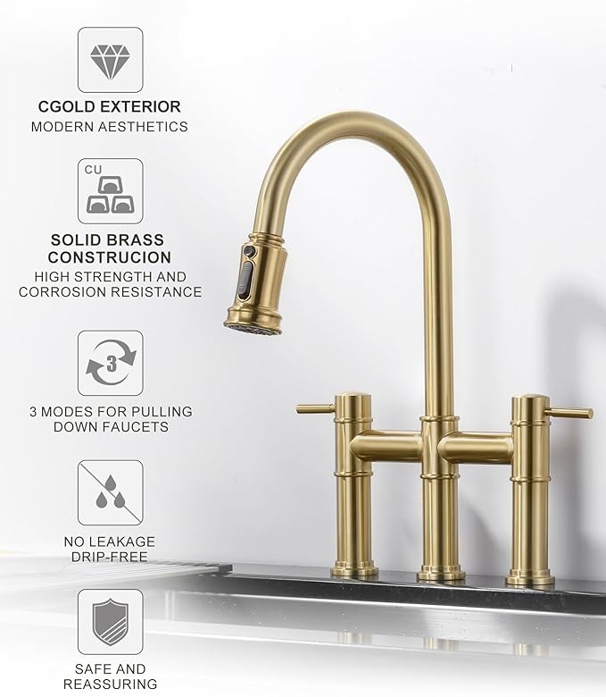 Bridge Faucet for Kitchen Sink: iVIGA Gold Farmhouse 3 Hole Kitchen Faucet with Pull Down Sprayer (3 Spray Modes) - 2 Handle High Arc Brass Faucet with 360° Swivel, with Supply Lines