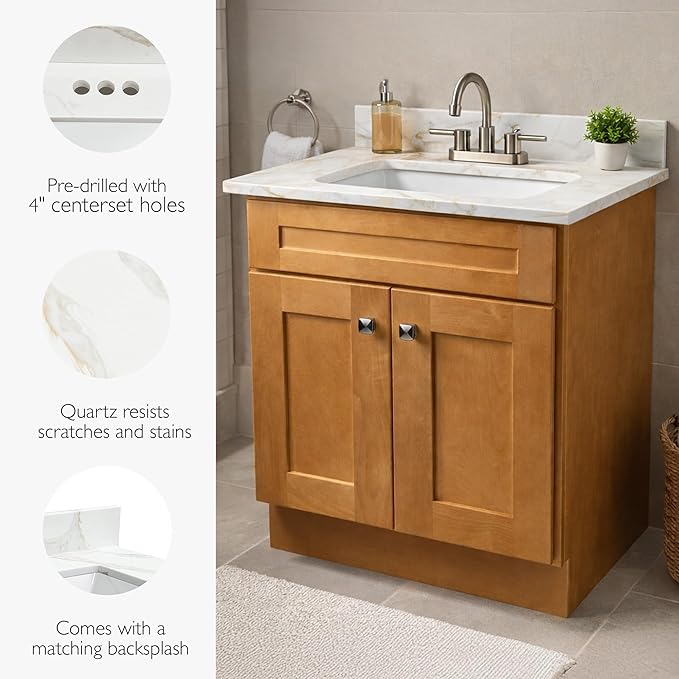 Design House Calesco Calacatta Quartz Bathroom Vanity Top, White with Taupe and Grey Veining, Pre-Mounted White Bowl, 31 in L x 22 in W x 12.5 in H, with Backsplash, 4 in Center Set, 227900-CC-CC