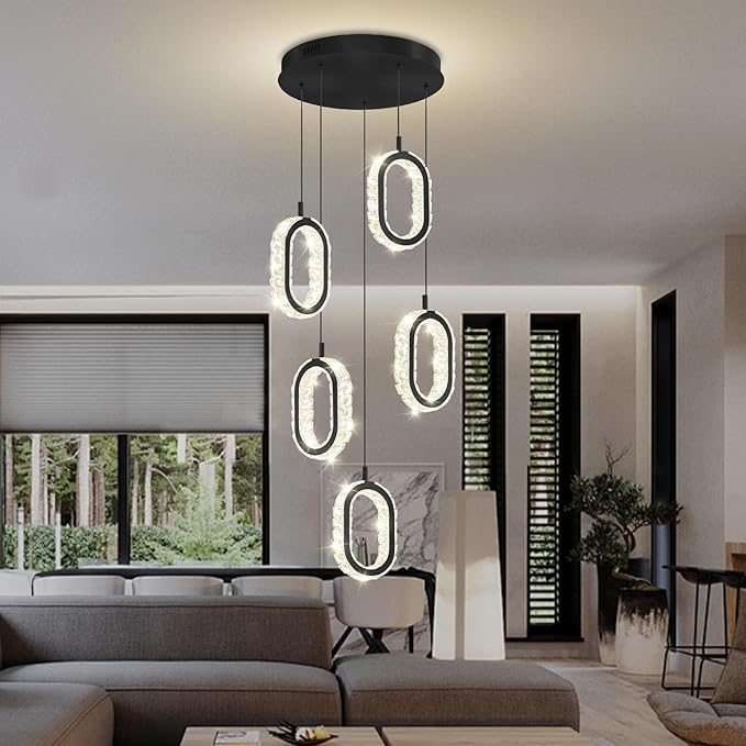 Crystal Rings Chandelier for Living Room, Dimmable Led Black Crystal Ring Chandelier High Ceiling 5-Light Oval Ring Pendant Light for Dining,Hallway, Entryway,Bedroom