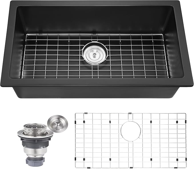 Kitsitchen 32 Inch Large Black Undermount Kitchen Sink, Black Granite Composite Kitchen Sink with A Stainless Steel Sink Drain Assembly & Sink Bottom Gird, 9" Depth Quartz Stone Kitchen Sink