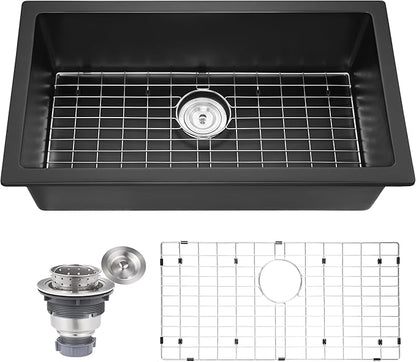 Kitsitchen Black Undermount Kitchen Sink, Granite Composite Kitchen Sink with Drain Assembly & Bottom Gird,33 Inch Quartz Stone Kitchen Sink(Black, 33"x18")