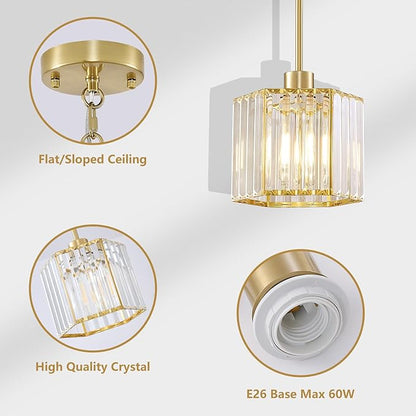 XSDeTu 1 Pack Gold Pendant Lights Kitchen Island, Modern Crystal Pendant Light Fixtures, 1-Light Small Farmhouse Chandelier, Adjustable Brass Hanging Light Fixture for Dining Room, Hallway, Bedroom