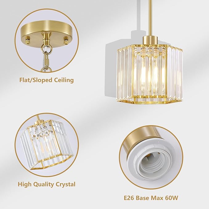 XSDeTu 2 Pack Gold Pendant Lights Kitchen Island, Modern Crystal Pendant Light Fixtures, 1-Light Small Farmhouse Chandelier, Adjustable Brass Hanging Light Fixture for Dining Room, Hallway, Bedroom
