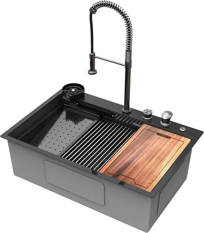33x22 inch Waterfall Kitchen Sink Metal Black -Feibus 33inch Drop In Sink with Faucet Combo Double Step Workstation16 Gauge Multifunctional Stainless Steel Single Bowl
