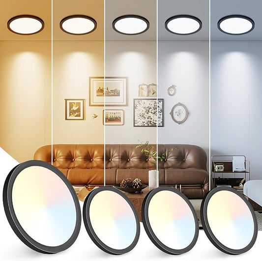 Peasur 7 inch LED Ceiling Light, 3000K/3500K/4000K/5000K/6500K Adjustable Flush Mount Light Fixture,1500LM 15W Thin Black Round Lamp for Hallway Kitchen Bathroom Bedroom, 4Pack