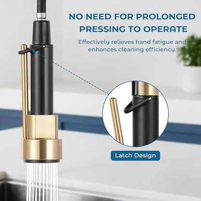 Kitchen Faucets with Pull Down Sprayer, Single Handle Double Headed, Stainless Steel Commercial Kitchen Sink Faucet with Deck Plate Cover, 1 or 3 Hole, Brush Gold