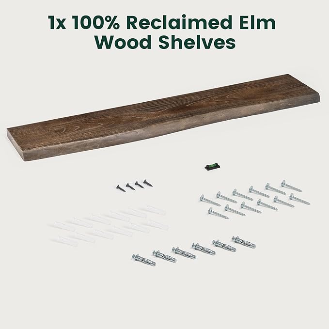 48 Inch Live Edge Floating Shelves, 8 Inch Deep Solid Elm Wood Wall Shelf, Heavy-Duty Wall Mounted Shelf with Invisible Brackets for Living Room, Bathroom, Kitchen, Set of 1, Walnut Color