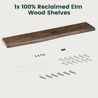 48 Inch Live Edge Floating Shelves, 8 Inch Deep Solid Elm Wood Wall Shelf, Heavy-Duty Wall Mounted Shelf with Invisible Brackets for Living Room, Bathroom, Kitchen, Set of 1, Walnut Color