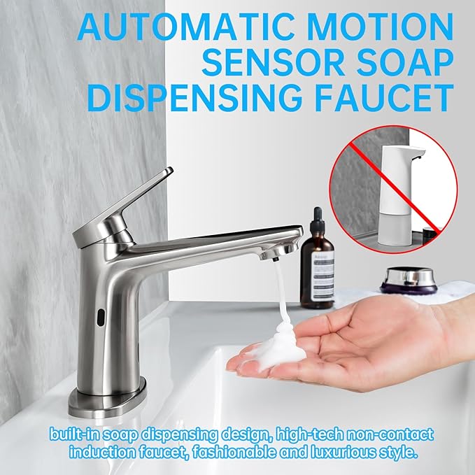 Bathroom Faucet with Built-in Soap Dispenser, Adjustable Hot & Cold Water Temperature, Short & Long Sensor Modes, Touchless Automatic Basin Sensor Faucet (Brushed Nickel)