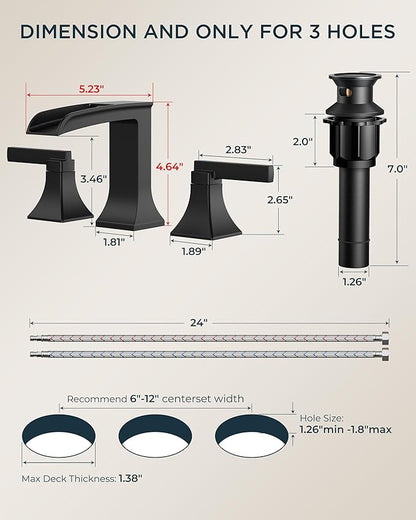 FORIOUS Brass Waterfall Bathroom Faucet for Sink 3 Hole, 2 Handle Square 8 Inch Matte Black Bathroom Faucet Widespread with Pop-up Drain and CUPC Flexible Hoses, Vanity
