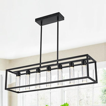 MELUCEE 7 Lights Modern Kitchen Island Lights 35W Dining Table Light Fixture with Crystal Bubble 5 Color Black Pendant Lights Kitchen Island, Integrated LED Chandelier for Dining Room Billiard Room