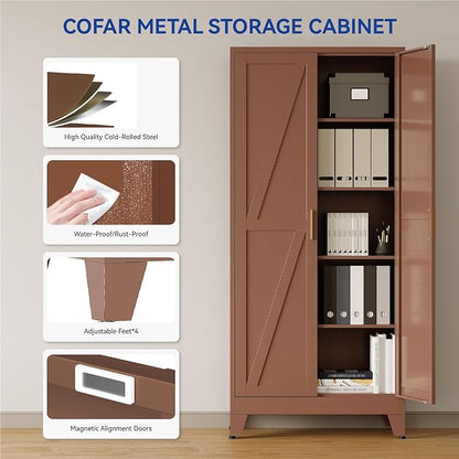 COFaR 71'' Tall Metal Storage Cabinet, Farmhouse Kitchen Pantry Cabinet with Doors and 4 Adjustable Shelves, Brown Metal Cabinets for Garage, Kitchen, Bathroom, Laundry, 5-Tier