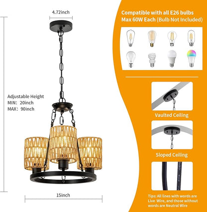 3-Light Boho Rattan Chandeliers for Dining Room,Farmhouse Wagon Wheel Chandeliers,Adjustable Height Hanging Round Pendant Lighs for Kitchen Island,Wicker Lampshade Chandelier Light Fixture