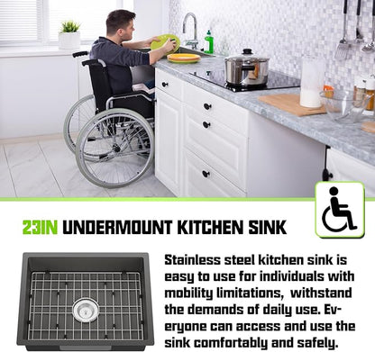 Black Kitchen Sink, 23x18x5.5 Inch Low Height Design Single Bowl Stainless Steel Undermount Kitchen Sink Come With Accessories Ensure Individuals With Limited Mobility Easily Accessing And Using