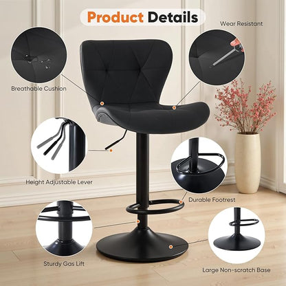 Sweetcrispy Modern Bar Stools Set of 2, Adjustable Faux Leather Upholstered Swivel Bar Stools, Counter Height Bar Chairs with Back for Kitchen Island, Black