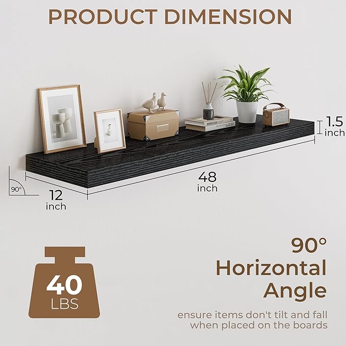 RICHFOCUS Deep Floating Shelves for Wall 2 Pack 12" D 48 Inch Wall Shelves for Room Wall|Wood Hanging Shelf with Invisible Brackets for Bathroom Bedroom Kitchen Laundry Room, Black