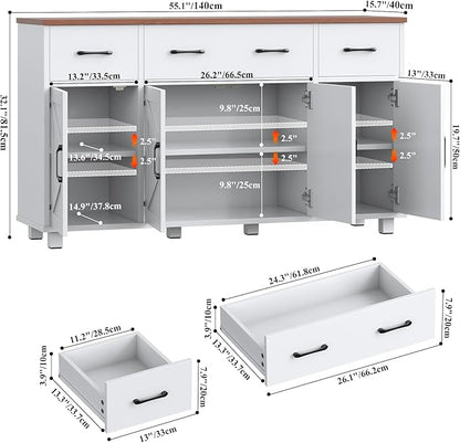 VVFLU 55" Sideboard Buffet Cabinet with Storage, Coffee Bar Cabinet with 3 Drawers and 4 Barn Doors, Long Storage Cabinet Modern Farmhouse, White Wood, for Kitchen, Dining Room, Living Room