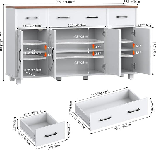 VVFLU 55" Sideboard Buffet Cabinet with Storage, Coffee Bar Cabinet with 3 Drawers and 4 Barn Doors, Long Storage Cabinet Modern Farmhouse, White Wood, for Kitchen, Dining Room, Living Room